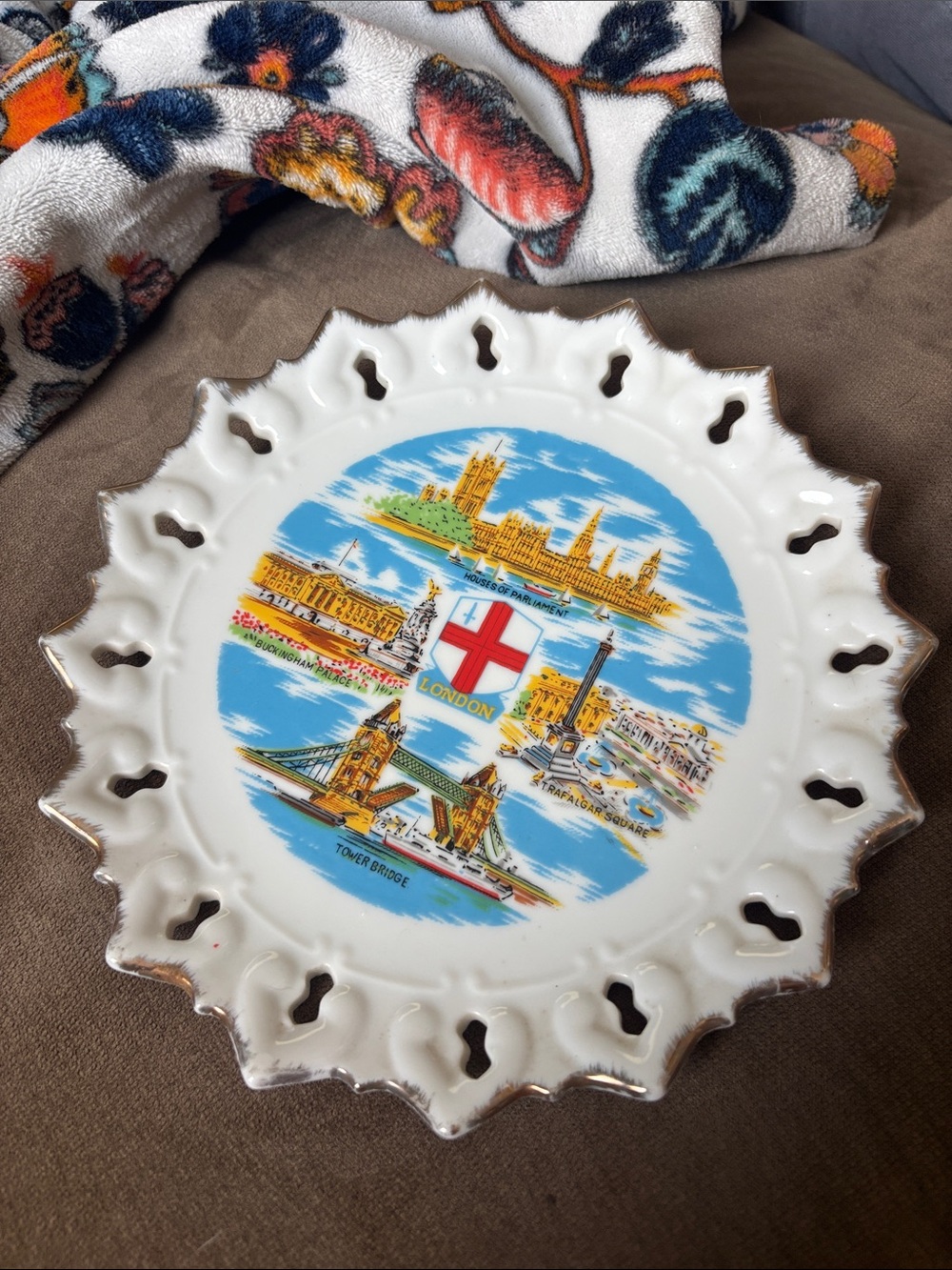 White London Souvenir Decorative Plate with Blue and Gold Accents